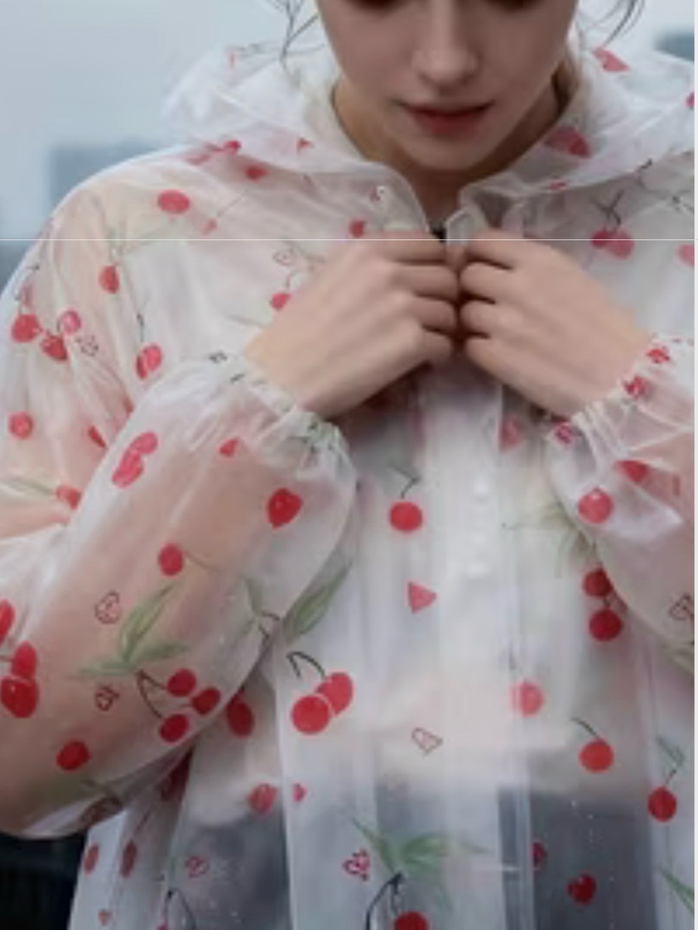 Clear Cherry Print Rain Poncho Jacket